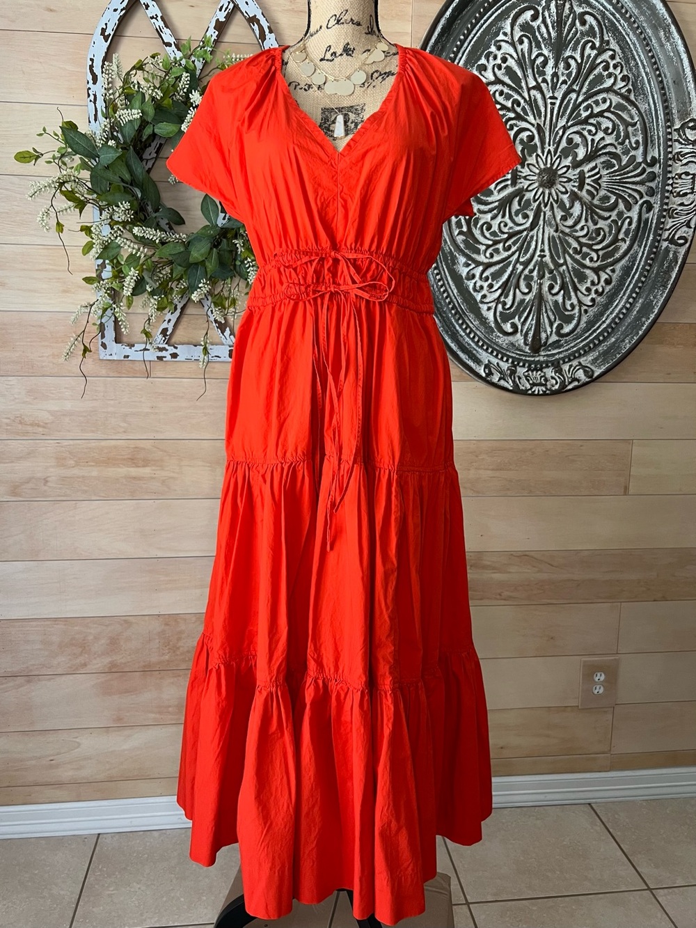 Free Assembly Women’s V-Neck Tiered Maxi Dress in Bright Red Orange